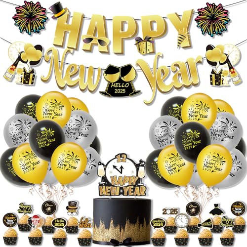 DazzJoy Silvester Deko 2025 Party Set, New Year Decoration 2025 Luftballons Schwarz Gold, Happy New Year Girlande, Happy New Year Deko 2025 Folienballon, Neues Jahr Deko 2025, Deko Silvesterparty 2025 von Dazzjoy