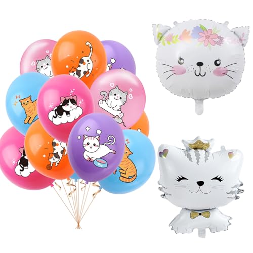 Katzen Geburtstag Deko Luftballon, 12 Stück Katze Luftballons Geburtstag, Katzen Kindergeburtstag Deko Mädchen, Folienballon Katze Helium Ballon für Babyshower, Hochzeit, Katzen Thema Party Dekoration von Dazzjoy