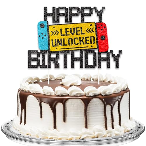 DazzJoy Glitzer Tortendeko Gamer,Gaming Tortendeko Jungs,Gamer Kuchen Deko,Level Unlocked Cake Topper Geburtstag,Happy Birthday Torten Deko Geburtstag Junge,Videospiel Torten Deko Kindergeburtstag von Dazzjoy