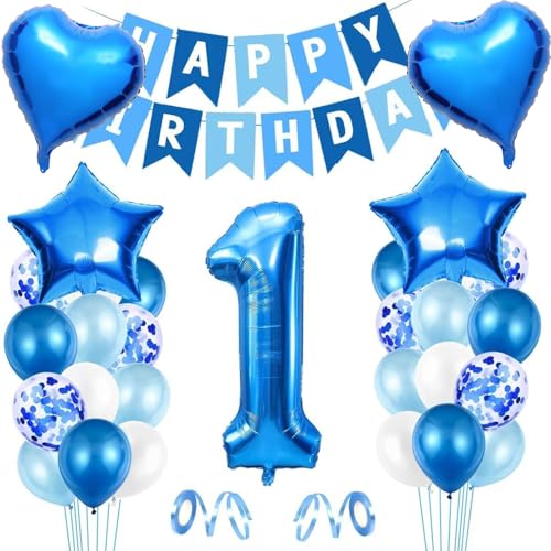 DazzJoy Luftballon 1. Geburtstag Deko Blau,Geburtstagsdeko 1 Jahr Junge,Deko 1. Geburtstag Junge Ballons Set mit Happy Birthday Girlande und Riesen Folienballon Zahl 1,Ballon 1 Geburtstag Deko Jungen von Dazzjoy