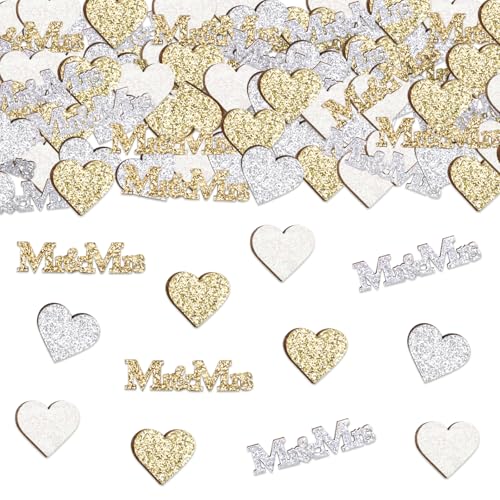 DazzJoy Glitzer Mr und Mrs Hochzeitsdeko Konfetti Holz, 70 Stk Streudeko Hochzeit Holzherz Deko,Mr and Mrs Deko Hochzeit,Herz Tischdeko Hochzeit,Herzen Mr&Mrs Konfetti Hochzeit Deko Tisch Gold Silver von Dazzjoy