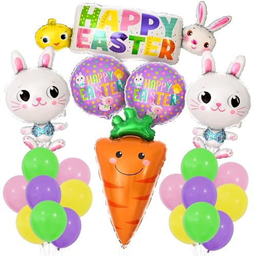 DazzJoy Ostern Deko Luftballons Set, 18 Stück Oster Deko Helium Ballon, XXL Osterhase Deko Luftballon Tiere Ballons, Oster Karotte Folienballon, Happy Easter Deko Folienballons für Osterdeko Party von Dazzjoy