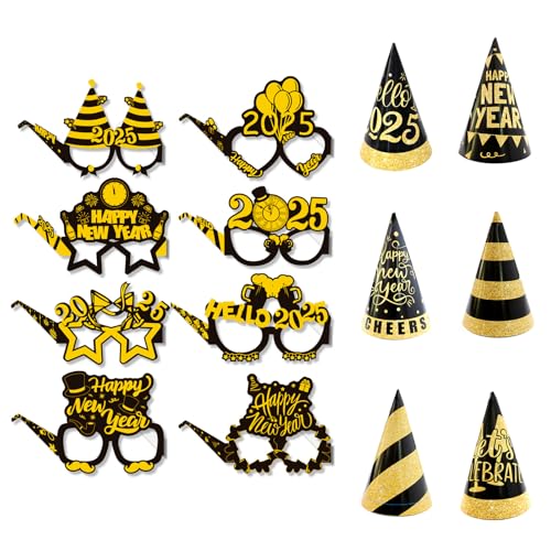 Dazzjoy Partybrille Silvester Deko 2025,14 Stück Happy New Year Brille Partyhüte,2025 Silvester Party Dekoration Accessoires,Neujahrsdeko Silvesterpartydeko,Silvester Brillen Hüte für Foto Requisiten von Dazzjoy