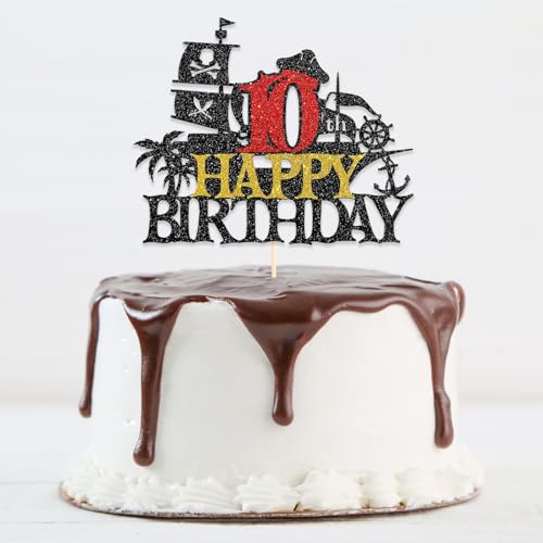 DazzJoy Piraten Cake Topper 10. Geburtstag Junge,Glitter Tortendeko 10. Geburtstag,Kuchendeko 10 Geburtstag Junge,Torten Deko Geburtstag 10 Jahre,Geburtstagsdeko 10 Jahre Mädchen,Piratenparty von Dazzjoy