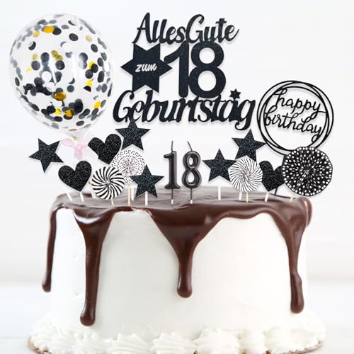 DazzJoy 19 Stk Tortendeko 18 Geburtstag Junge Mädchen,Cake Topper 18 Geburtstag Deko Schwarz,Glitter Torten Deko zum 18 Geburtstag,Kuchen Deko 18. Geburtstag mit Geburtstagskerzen,18. Geburtstag Deko von Dazzjoy