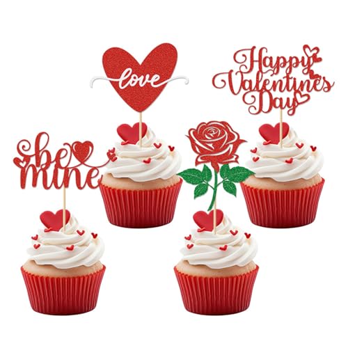 DazzJoy Glitzer Cupcake Deko Valentinstag,Valentines Day Deko,12 Stück Cupcake Topper Valentinstag Deko,Happy Valentine's Day Tortendeko,Valentinstag Kuchendeko Herzen Rose,Valentinstag Party Deko von Dazzjoy