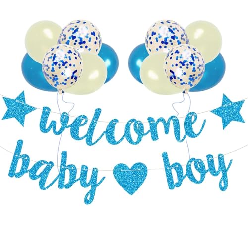 DazzJoy Welcome Back Home Baby Boy Deko Set mit Willkommen Zurück Luftballons Geburtstag, Willkommen Zuhause Baby Deko Banner, Herzlich Willkommen Girlande, Welcome Baby Boy Garland für Babyparty Deko von Dazzjoy