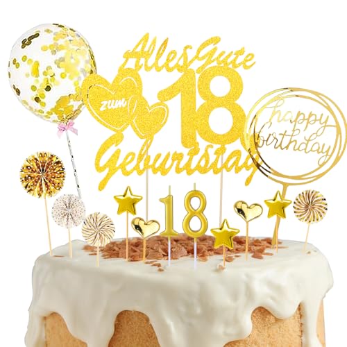 DazzJoy Tortendeko 18. Geburtstag Junge Mädchen,19 Stück Kuchendeko 18. Geburtstag Deko mit Geburtstagskerzen 18,Deko Torte 18. Geburtstag Junge,Gold Cake Topper 18 Geburtstag mit Konfetti-Luftballon von Dazzjoy