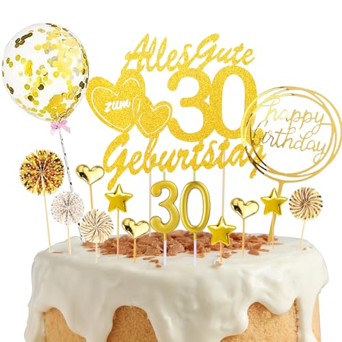 DazzJoy Torten Deko 30 Geburtstag Frau Mann,19 Stück Glitzer Kuchendeko 30 Geburtstag mit Geburtstagskerzen 30,Alles Gute zum 30 Geburtstag Cake Topper,30 Geburtstag Tortendeko Gold,Torten Topper 30 von Dazzjoy