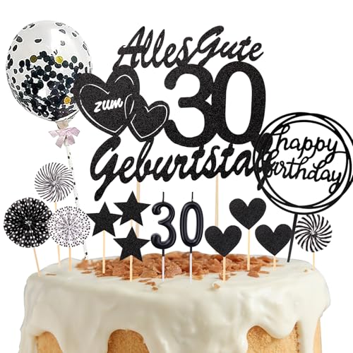 DazzJoy Tortendeko 30 Geburtstag Mann Frau,19 Stück Cake Topper 30 Geburtstag Deko,Alles Gute zum 30 Geburtstag Kuchendeko mit Geburtstagskerzen 30,Glitzer Schwarz Kuchen Deko 30 Geburtstag Mann von Dazzjoy