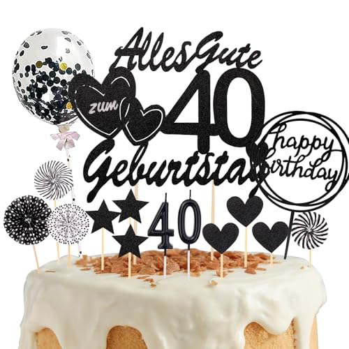 DazzJoy Tortendeko 40 Geburtstag Mann Frau,19 Stück Cake Topper 40. Geburtstag Mann,Glitzer Kuchendeko 40. Geburtstag mit Geburtstagskerze 40,Schwarz Happy 40th Birthday Torten Deko 40. Geburtstag von Dazzjoy