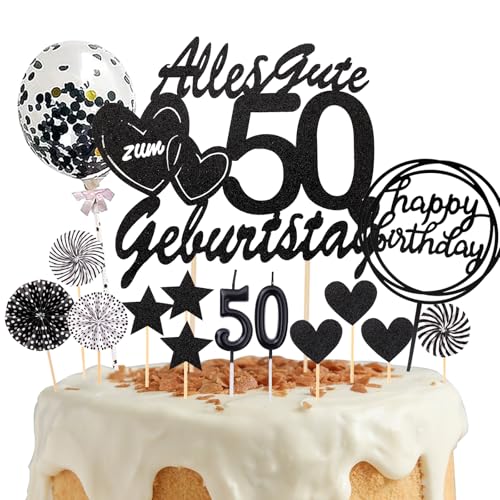 DazzJoy Tortendeko 50. Geburtstag Mann Frau,19 Stück Cake Topper 50 Geburtstag mit Kerzen 50,Schwarz Kuchendeko 50 Jahre,Glitzer Happy 50th Birthday Deko Torte,Torten Topper 50 von Dazzjoy