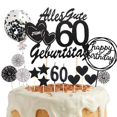 DazzJoy Tortendeko 60 Geburtstag Mann Frau,19 Stück Schwarz Cake Topper 60 Geburtstag Deko mit Geburtstagskerzen 60,Glitzer Kuchendeko 60 Geburtstag,Alles Gute Zum Geburtstag 60,Torten Topper 60 von Dazzjoy