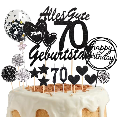 DazzJoy Tortendeko 70 Geburtstag Mann Frau,19 Stück Kuchendeko 70. Geburtstag,Glitzer Cake Topper 70 Geburtstag Deko mit Geburtstagskerzen,Schwarz Alles Gute zum 70 Geburtstag Topper für Torte 70 von Dazzjoy