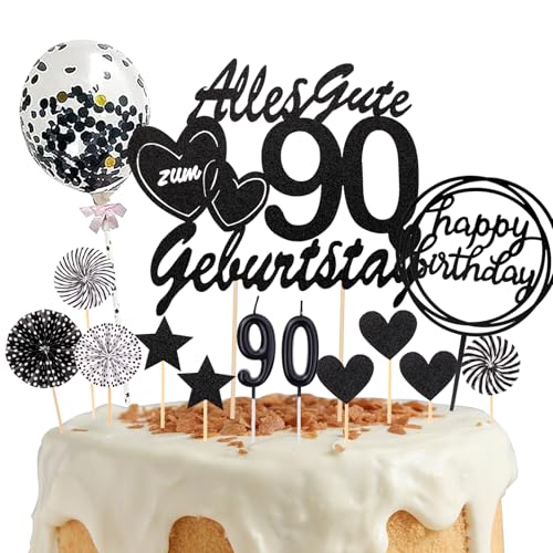 DazzJoy Tortendeko 90. Geburtstag Mann Frau,19 Stück Cake Topper 90 Geburtstag Deko,Schwarz Kuchendeko 90. Geburtstag mit Geburtstagskerzen,Glitzer Happy 90th Birthday Deko für Torte 90. Geburtstag von Dazzjoy