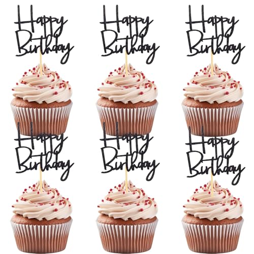 DazzJoy Schwarz Muffin Deko Happy Birthday,24 Stück Happy Birthday Cupcake Deko,Glitzer Happy Birthday Tortendeko,Kuchen Deko Geburtstag,9,8x5cm Cupcake Topper Geburtstag Deko Muffin von Dazzjoy