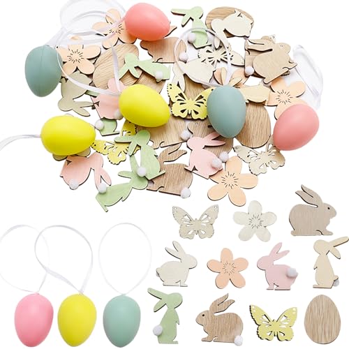 DazzJoy Holz Konfetti Ostern Deko mit Plastik Ostereier,42 Stk Groß Streudeko Ostern,Hasen,Blume,Eier Ostern Tischdeko,Osterstreudeko Confetti,Frühlingsdeko Oster Konfetti zum Basteln,Ostern Geschenke von Dazzjoy