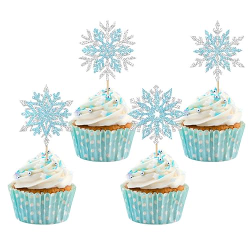 DazzJoy Schneeflocke Tortendeko,24 Stück Schneeflocken Cupcake Topper Blau Silber,Glitzer Frozen Tortendeko Schneeflocke,Winter Frozen Cake Topper,Schneeflocken Muffin Deko für Weihnachten Geburtstag von Dazzjoy