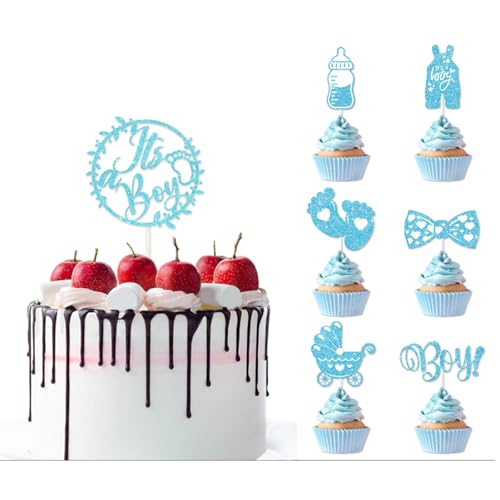 DazzJoy Its a Boy Tortendeko Babyparty Junge,22 Stück Baby Boy Muffin Deko,Glitzer Babyparty Kuchen Deko,Cupcake Deko Baby Boy,Cake Topper Baby Shower,Blau Baby Tortendeko Gender Reveal Party Deko von Dazzjoy