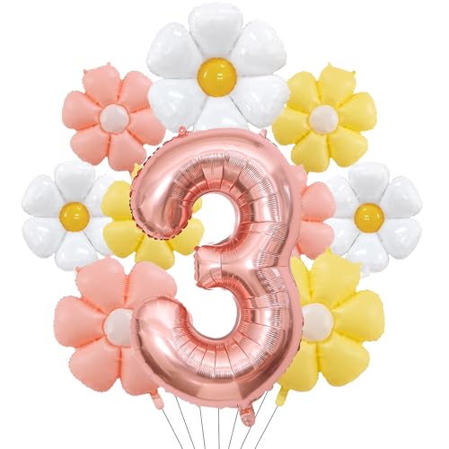 Geburtstagsdeko 3 Jahr Mädchen mit Gänseblümchen Folienballon, Deko 3. Geburtstag Mädchen Junge, Rosegold Luftballon 3. Geburtstag Deko Set mit Zahl 3 Ballon, Erster Geburtstag Mädchen Deko Geschenk von Dazzjoy