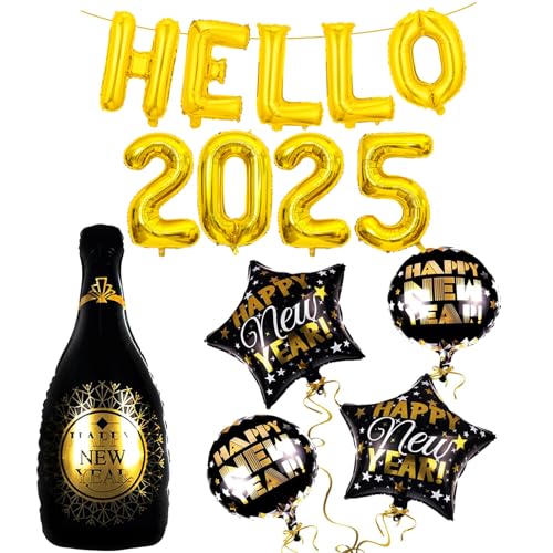 Luftballons Silvester Deko 2025 Party Set, Happy New Year Deko Ballons Schwarz Gold, Hello 2025 Folienballon, Silvesterdeko, Neujahr Deko Ballon für Silvester Dekoration, Silvester Party Deko Zubehör von Dazzjoy