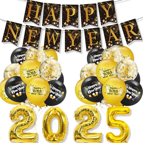 Silvester Deko 2025 Luftballon Schwarz Gold, 23 Stk Happy New Year Deko Ballons Set, Silvester Dekoration, Neujahr Deko mit Happy New Year Girlande und Folienballon 2025, Silvester Party Deko Zubehör von Dazzjoy