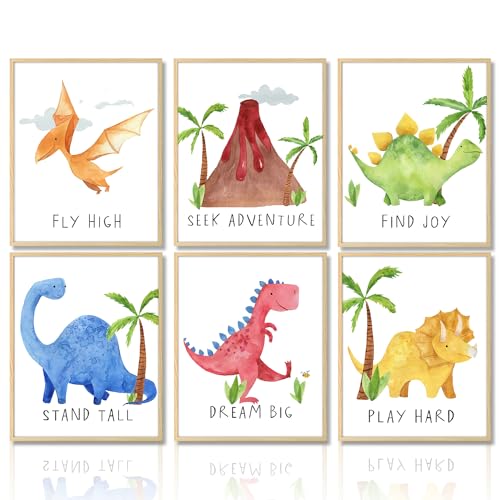 Dazzlewall Aquarell Dinosaurier Kunstdrucke Poster Motivationszitate Wandbilder für Kinderzimmer Kinderzimmer Dekor 20X25 cm Ohne Rahmen 6er Set von Dazzlewall