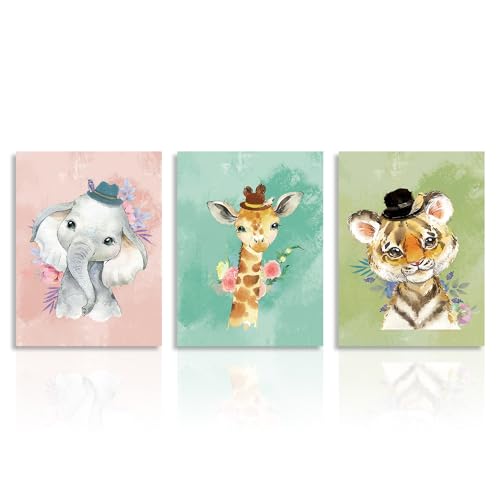 Dazzlewall Safari Tiere Kunstdrucke Poster Tiger Giraffe Elefant Mit Blumen, Baby Kinderzimmer Wandbilder für Jungen Und Mädchen Zimmer 30X40 cm Ohne Rahmen 3er Set von Dazzlewall