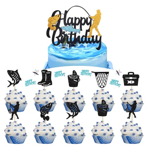 DABLL 16 Stück Angler Thema Kuchen Dekoration Fische Angeln Cake Toppers Happy Birthday Tortendeko für Kuchen DIY und Geburtstagsfeier Dekoration Party Dekoration Supplies von Dball