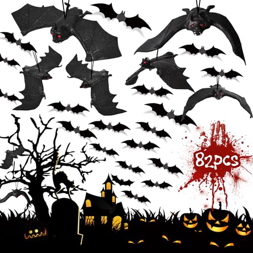 Dbuwqips 82 Stück Fledermaus Deko Fledermäuse Fledermaus Halloween Deko Halloween Decor Geeignet für Halloween-Dekorationen Spukhauspartys Schulkarneval tür- und Fensterdekorationen von Dbuwqips