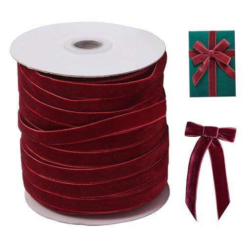 Samt Weihnachtsband, 50 Meter langes Samtbandbögen, 3/8 '' breites einseitiges Weihnachtsband für Baumbandrolle mit Spulen, Samtband für Bögen, die Geschenkverpackung Wein rot machen von Dbvnnsy