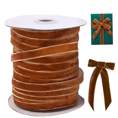 Samt Weihnachtsband, 50 Meter langes Samtbandbögen, 3/8 '' breites einseitiges Weihnachtsband für Baumbandrolle mit Spulen, Samtband für Bögen, die Geschenkverpackung hellbraun machen von Dbvnnsy