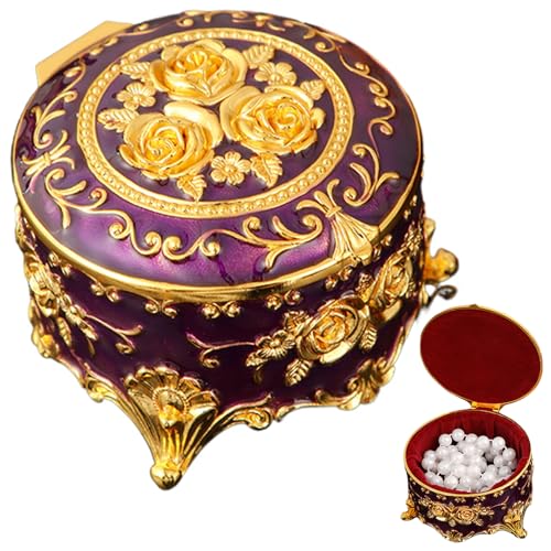 Vintage -Schmuckschatulle, runder Schmuckmetall Retro Jewelry Box, Rococo niedliche Vintage -Juwelierschachtel mit Rosenmuster kleiner Schmuckstücke für Ringe, Halsketten Geschenk für Girl Purpl von Dbvnnsy