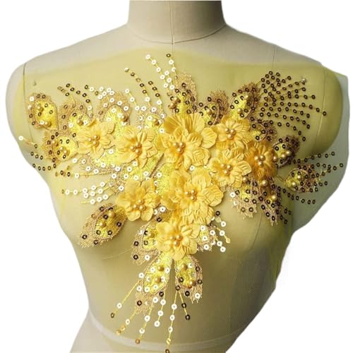 Spitzenapplikationen for Dekorieren von Hochzeitskleidern, for Selbernähen, Spitzenband, gelbe Paillettenquaste, 3D-Blumen, Rosenperlen, Spitzenstoff, bestickte Kleidapplikationen, Kragen, Netz, Aufnä von DcaiFaL