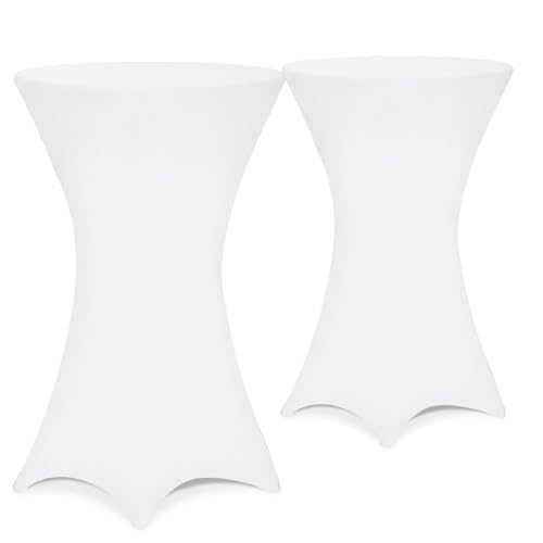 DETEX® Stehtisch Hussen Ø 80-85cm Weiß 2er Set Rund 30°C Waschbar Verstärkte Standfüße Knitter- & Bügelfrei Stretch Stehtischhusse Hochzeit Party Deko von DETEX