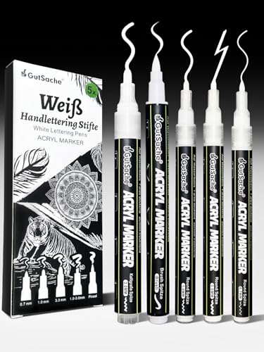 5x Weiße Acrylstifte, Deckende Acrylmarker für Holz Glas Papier Stein, Schnelltrocknend Wasserfest Acrylic Marker Brush Pen Kalligrafie Stift, Kreidestifte für Tafel Abwaschbar von DealKits