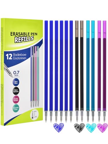 DealKits 12x Radierbarer Ersatzminen für Legami-Stifte, Kompatibel Mit Legami - Blau, Schwarz, Violette, Grün - Thermoempfindliche Tinte - Stiftspitze 0,7mm - Höhe 13 cm - Gelschreibermine Radierbar von DealKits