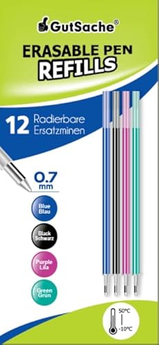 DealKits 12x Radierbarer Ersatzminen für Legami-Stifte, Kompatibel Mit Legami - Blau, Schwarz, Violette, Grün - Thermoempfindliche Tinte - Stiftspitze 0,7mm - Höhe 13 cm - Gelschreibermine Radierbar von DealKits