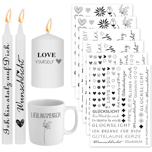 DealKits 6 PCs Kerzentattoo Kerzenfolie (200+ Muster), Wasserschiebefolie Kerzen dekorieren, Wassertransferdruck, DIY Kerzenaufkleber Sticker für LIEBLINGSMENSCH, Happy Birthday, Glückslicht von DealKits