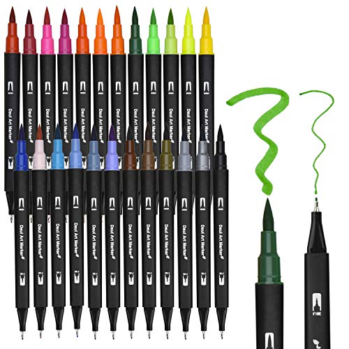 Dual Brush Pen Set, 24 Farben Doppelfasermaler, Tinte auf Wasserbasis Doppelfilzstifte Für Aquarell Watercolo Bullet Journal Handlettering Kalligraphie Manga, Fasermaler[1-2 mm] und Fineliner[0,4 mm] von DealKits