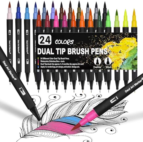 Dual Brush Pen Set, 24 Farben Doppelfasermaler Filzstifte, Wasserbasis Aquarellstifte für Aquarell Watercolo Bullet Journal Handlettering Kalligraphie Manga Malbücher, mit Fasermaler und Fineliner von DealKits