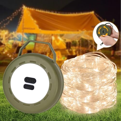 Dealswin Camping Lichterkette Aufrollbar, Outdoor Lichterkette mit 6 Beleuchtungsmodi, USB Aufladung 10m Tragbare Wasserdichte LED Campinglampe für Camping Licht Hof Deko und Wandern（Dunkelgrün） von Dealswin