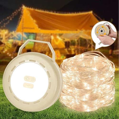 Dealswin Camping Lichterkette Aufrollbar, Outdoor Lichterkette mit 6 Beleuchtungsmodi, USB Aufladung 10m Tragbare Wasserdichte LED Campinglampe für Camping Licht Hof Deko und Wandern (Beige) von Dealswin