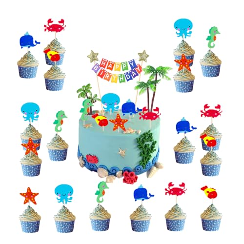 DecPtyTa Ozean Thema Cupcake Toppers, Dekorationen Kuchendeko, Happy Birthday Kuchendekoration,Tortendeko Kuchen Deko Set,Cupcake Toppers für Kinder Party Geburtstag (Ocean) von DecPtyTa