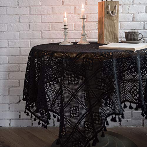 60-220cm Gothic Black Lace Tischdecke Runde Tischdecke Häkeln Stricken Klavier Handtuch Cover Tischdekoration für Esszimmer Hintergrund Tuch 140x140cm SCHWARZ von Decanyue