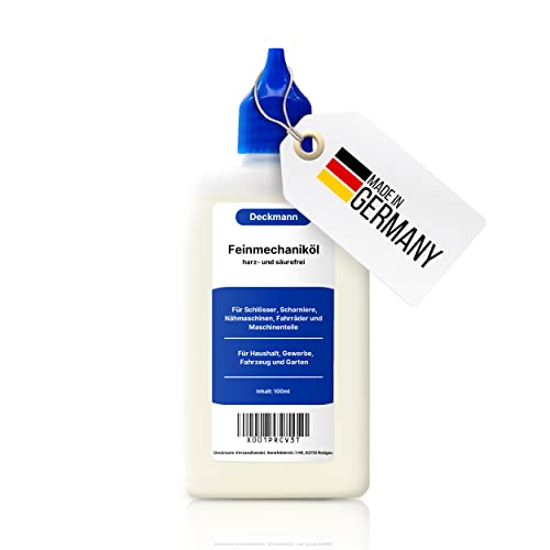 100 ml Flasche Feinmechaniköl Nähmaschinenöl Universalöl - Niedrige Viskosität - Harzt nicht & geruchsneutral - Ideal für feinmechanische Komponenten, Scharniere, Türen, Fenster, Elektro-Rasierer von Deckmann