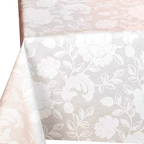 100% Baumwolle Meterware Tischdecke Stofftischdecke Breite und Länge wählbar Damast Rose Weiß 130 x 330 cm Eckig Lotus Effekt von DecoHomeTextil Heimtextilmanufaktur