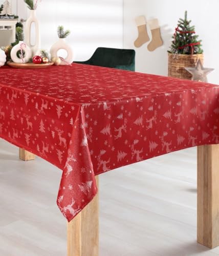 DecoHomeTextil Heimtextilmanufaktur Lurex Rentier Tanne Tischdecke Eckig 110 x 140 cm Rot Silber dezent glitzernd Weihnachten Christmas von DecoHomeTextil Heimtextilmanufaktur