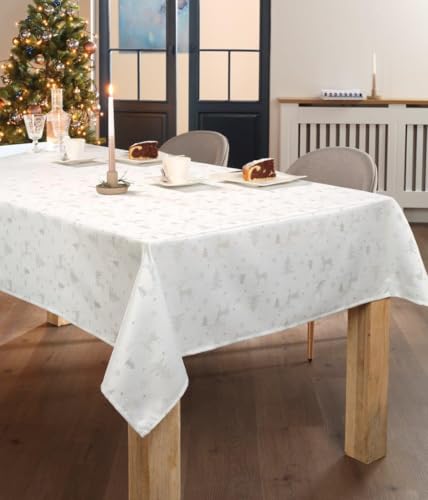 DecoHomeTextil Heimtextilmanufaktur Lurex Rentier Tanne Tischdecke Oval 140 x 190 cm Weiß Silber dezent glitzernd Weihnachten Christmas von DecoHomeTextil Heimtextilmanufaktur