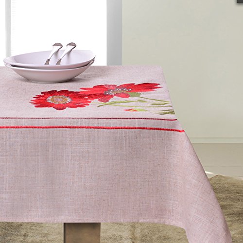 DecoKing 150x220 cm beige rot Bordeaux grün braun Hellbraun Tischdecke Tischtuch Blumenmuster Blumenmotiv Blumen gestickt elegant praktisch Pflegeleicht Leinoptik Lein Optik mit Borte Modern Blume von DecoKing